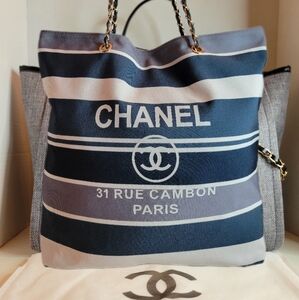 CHANEL Blue and White Nautical Tote Bag with Chain Straps, GWP